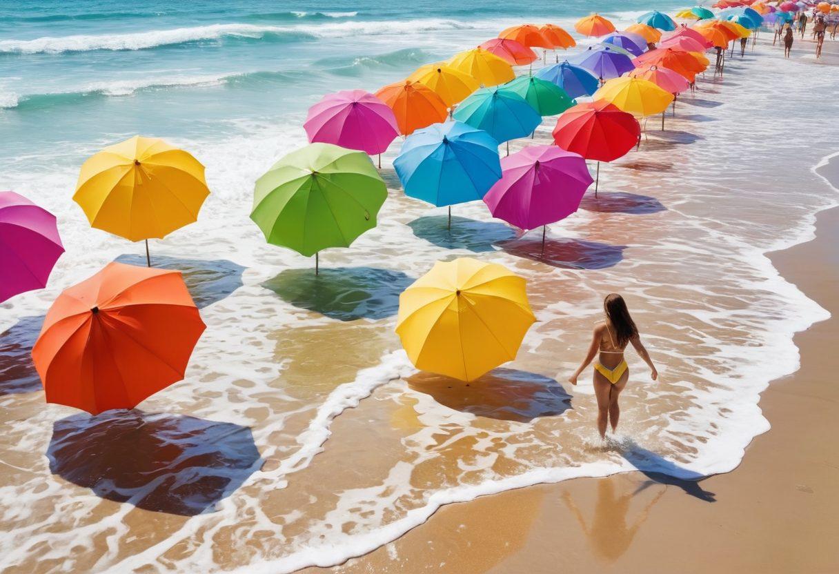 A serene beach scene featuring vibrant swimwear displayed on colorful beach umbrellas, with gentle waves lapping at the shore. In the foreground, a person joyfully splashes in the water, embodying liberation from emotional turmoil. The sky is bright, hinting at a hopeful summer atmosphere, while hints of soft, flowing fabrics create a sense of movement and ease. super-realistic. bright colors. beach theme.