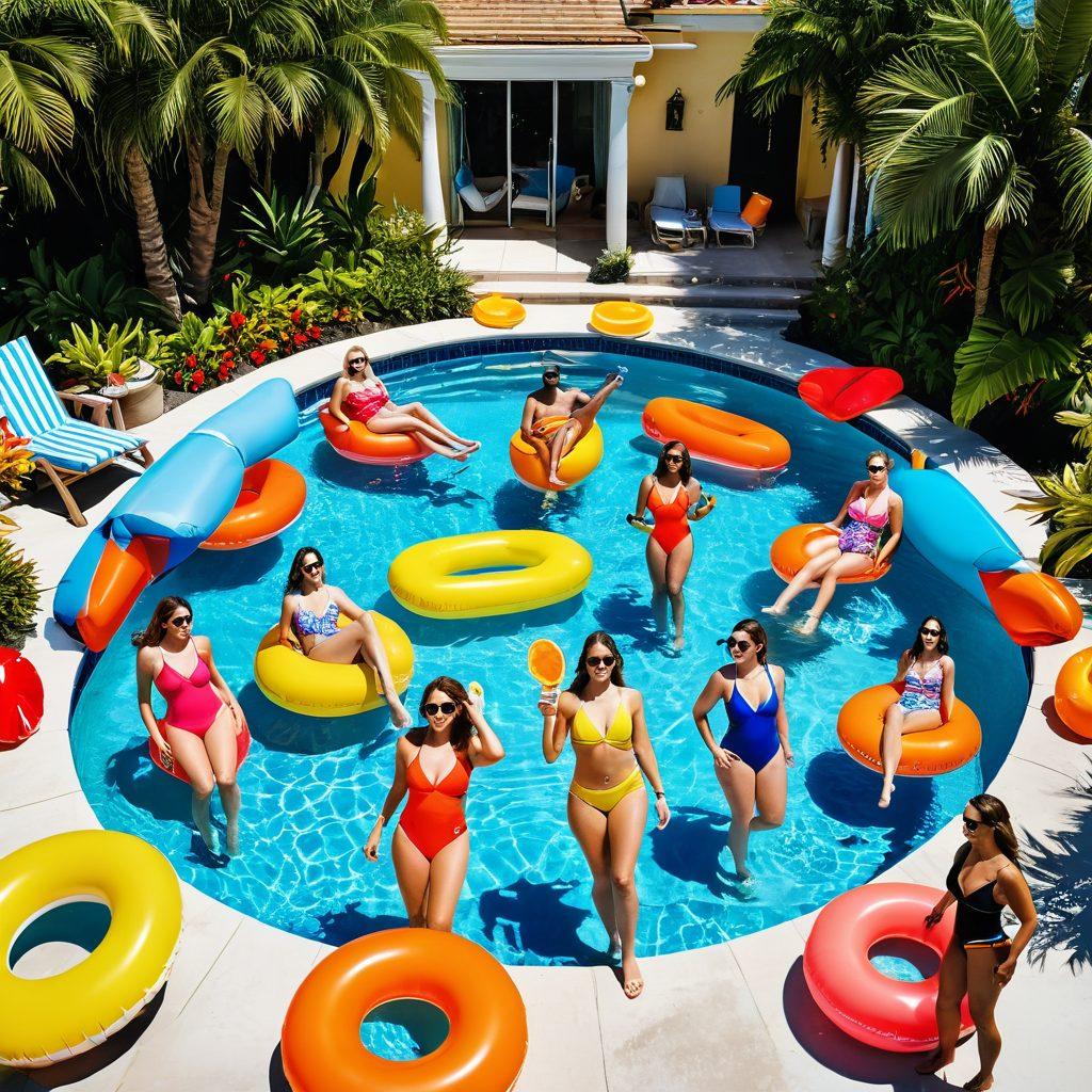 A vibrant, poolside scene showcasing a diverse group of individuals dressed in bright, stylish swimwear, radiating joy and confidence. Surrounding them are colorful pool floats, tropical plants, and sunny skies, illustrating a transformation from sadness to happiness. Include elements like oversized sunglasses and refreshing drinks to emphasize fun and relaxation. The overall atmosphere should feel uplifting and energetic. super-realistic. vibrant colors. 3D.